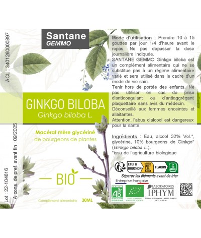 GINKO BILOBA Macérat glycériné - SANTANE® - COMPLEMENT ALIMENTAIRE - PHYTOTHERAPIE - PLANTES